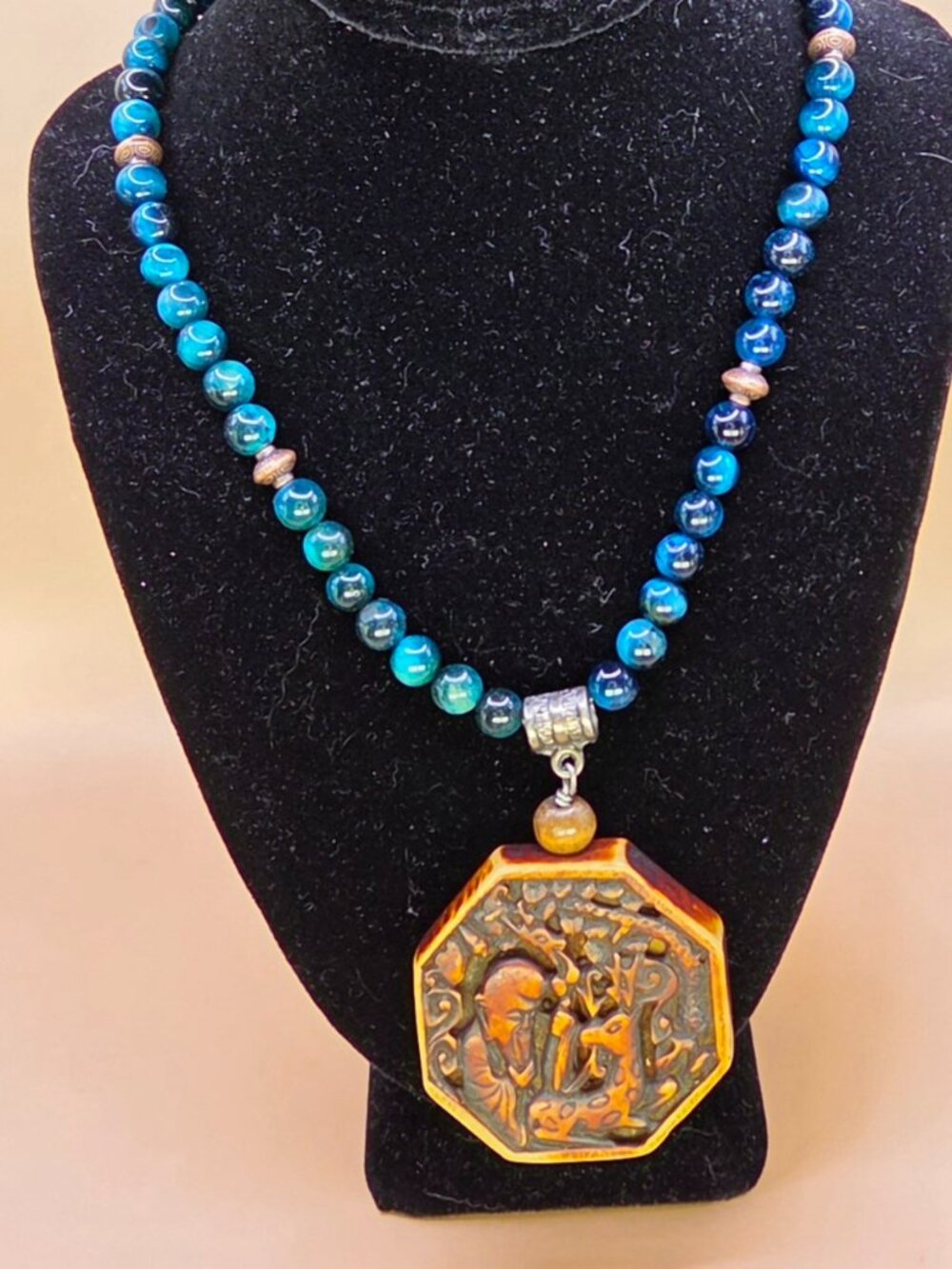 Blue-Green Tiger's Eye and Copper Beaded Necklace with Vintage Wooden Pendant